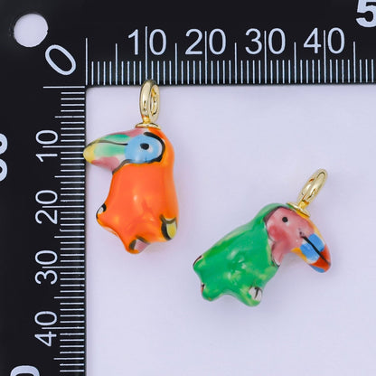 24K Gold Filled 30mm Green, Orange, Black, Blue, Yellow Ceramic Parrots Bird Charm | AF1263 - AF1267