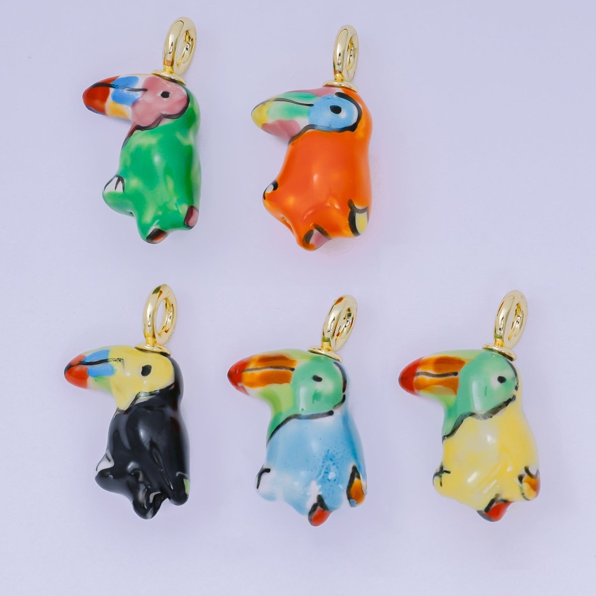 24K Gold Filled 30mm Green, Orange, Black, Blue, Yellow Ceramic Parrots Bird Charm | AF1263 - AF1267