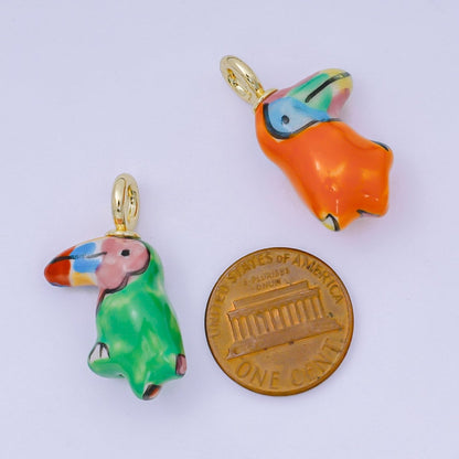 24K Gold Filled 30mm Green, Orange, Black, Blue, Yellow Ceramic Parrots Bird Charm | AF1263 - AF1267