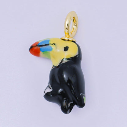 24K Gold Filled 30mm Green, Orange, Black, Blue, Yellow Ceramic Parrots Bird Charm | AF1263 - AF1267