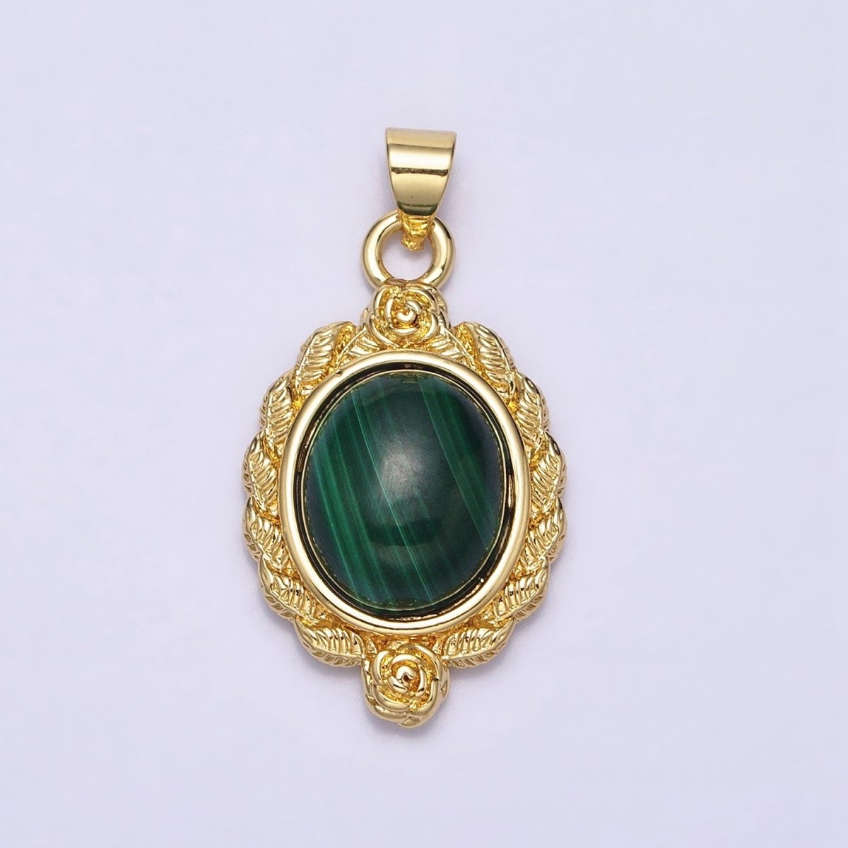 24K Gold Filled 29mm Lapis Lazuli, Malachite, Moss Agate Cabochon Gemstone Leaf Rose Bezel Pendant | AA286 - AA288