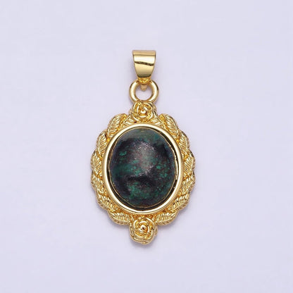 24K Gold Filled 29mm Lapis Lazuli, Malachite, Moss Agate Cabochon Gemstone Leaf Rose Bezel Pendant | AA286 - AA288