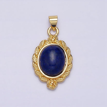 24K Gold Filled 29mm Lapis Lazuli, Malachite, Moss Agate Cabochon Gemstone Leaf Rose Bezel Pendant | AA286 - AA288