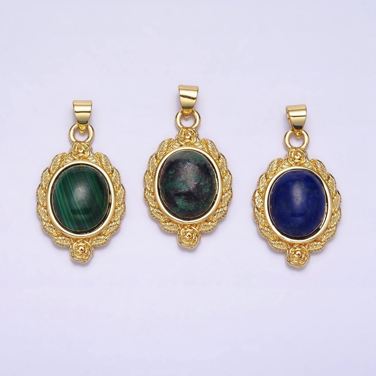 24K Gold Filled 29mm Lapis Lazuli, Malachite, Moss Agate Cabochon Gemstone Leaf Rose Bezel Pendant | AA286 - AA288