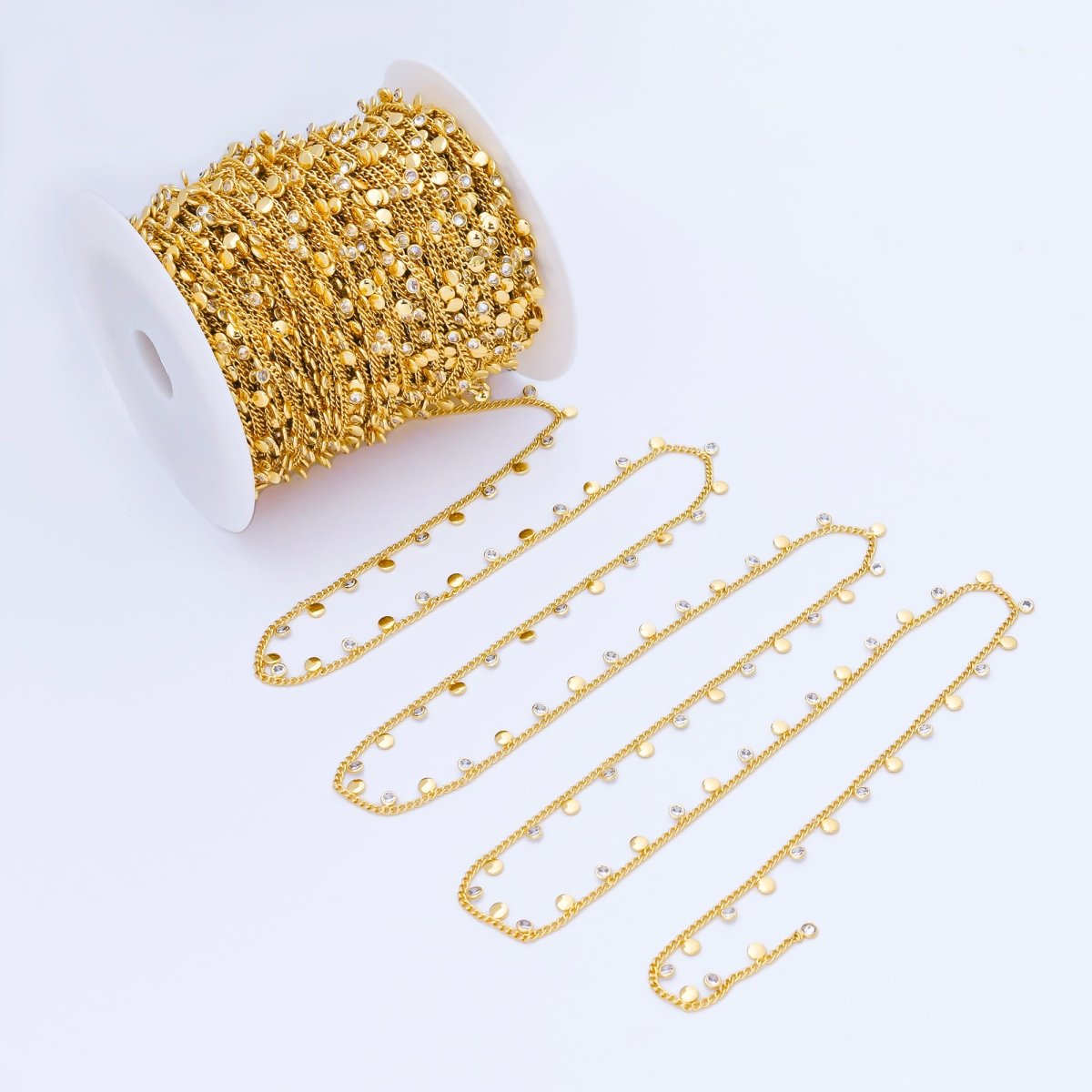 24K Gold Filled 2mm Curb Chain w. Round CZ Drop Unfinished Chain by Yard | Roll-1682