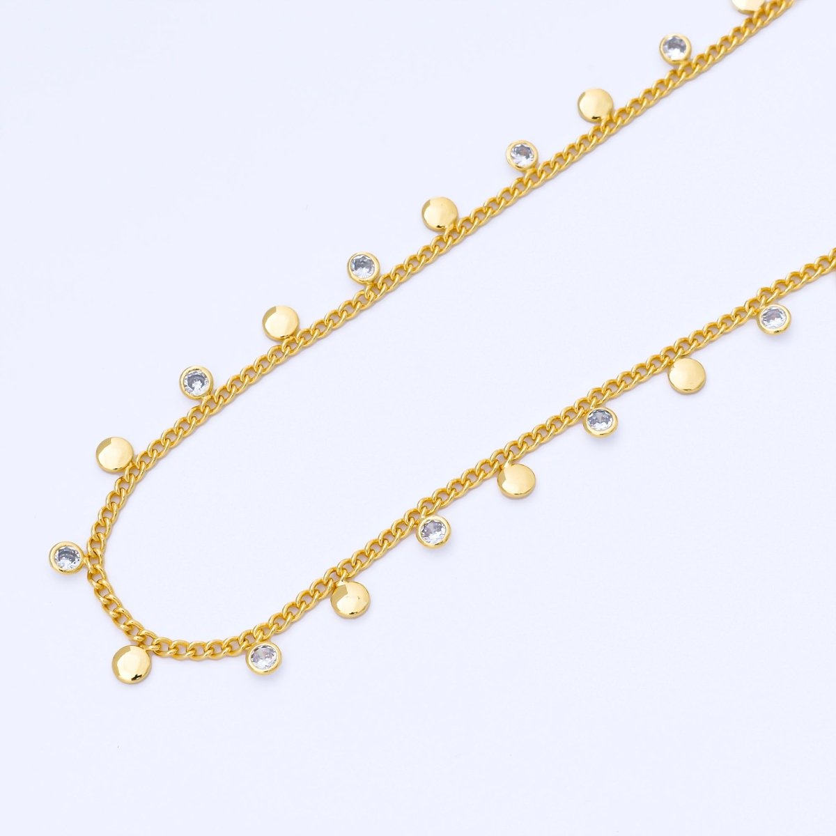 24K Gold Filled 2mm Curb Chain w. Round CZ Drop Unfinished Chain by Yard | Roll-1682