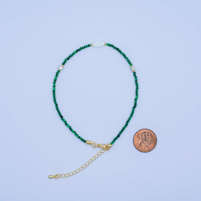24K Gold Filled 2mm Shell Pearl Malachite Multifaceted Gemstone 9 Inch Anklet Bracelet | WA-2946