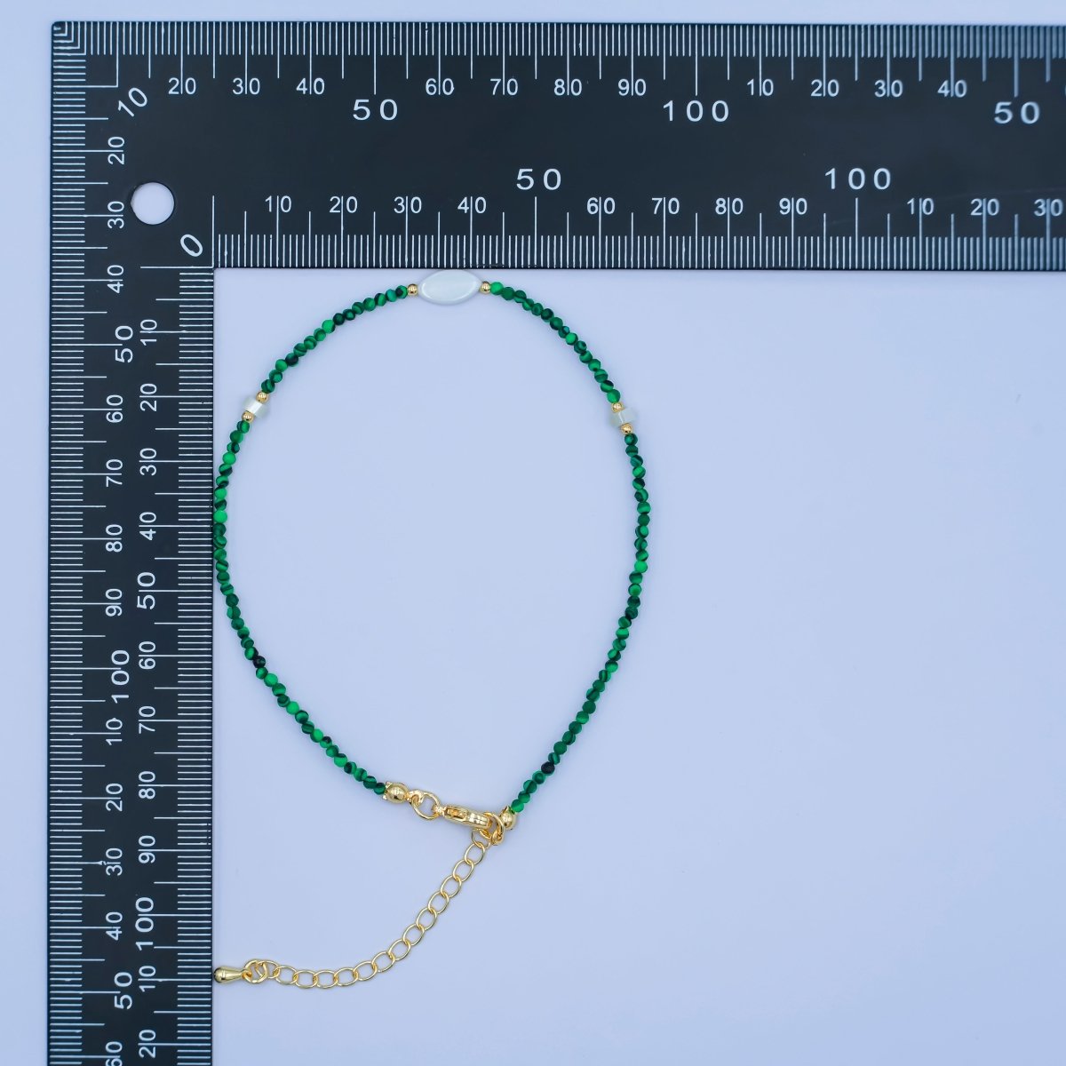 24K Gold Filled 2mm Shell Pearl Malachite Multifaceted Gemstone 9 Inch Anklet Bracelet | WA-2946