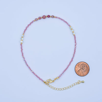 24K Gold Filled 2mm Shell Pearl Pink Quartz Multifaceted Gemstone 9 Inch Anklet Bracelet | WA-2945