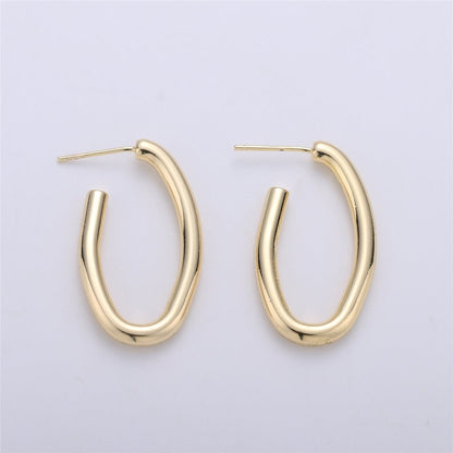 24K Gold Filled 30mm Abstract Band Oblong J-Shaped Hoop Earrings | K232