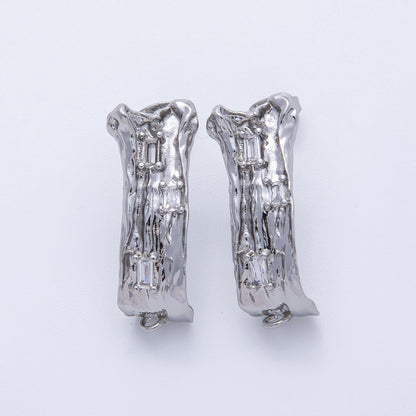 24K Gold Filled 30mm Baguette CZ Hammered Tube Drop Stud Earrings in Gold &amp; Silver | Z1668