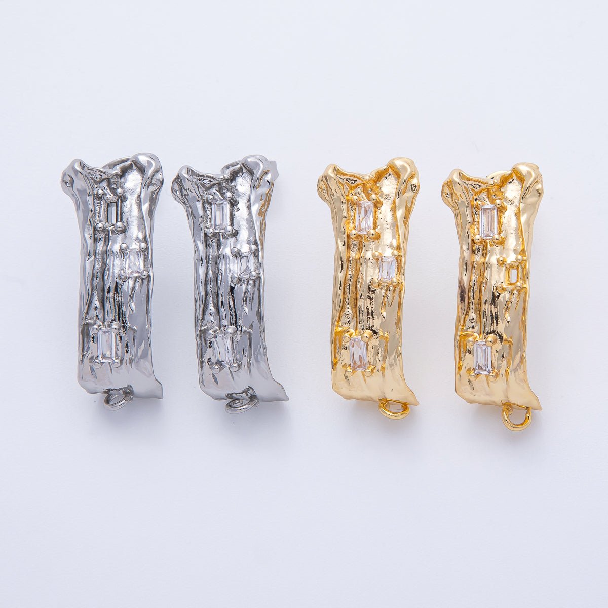 24K Gold Filled 30mm Baguette CZ Hammered Tube Drop Stud Earrings in Gold &amp; Silver | Z1668