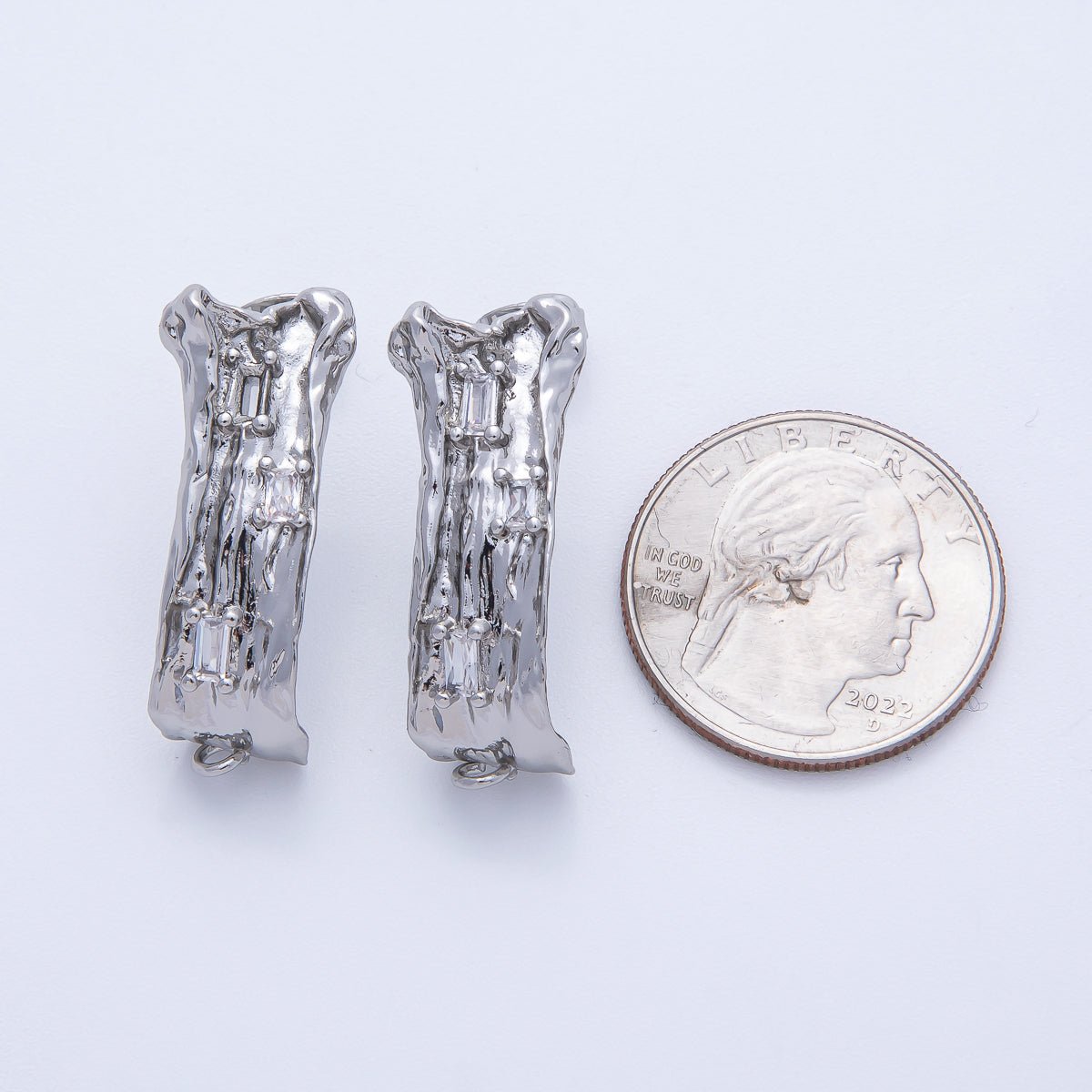 24K Gold Filled 30mm Baguette CZ Hammered Tube Drop Stud Earrings in Gold &amp; Silver | Z1668