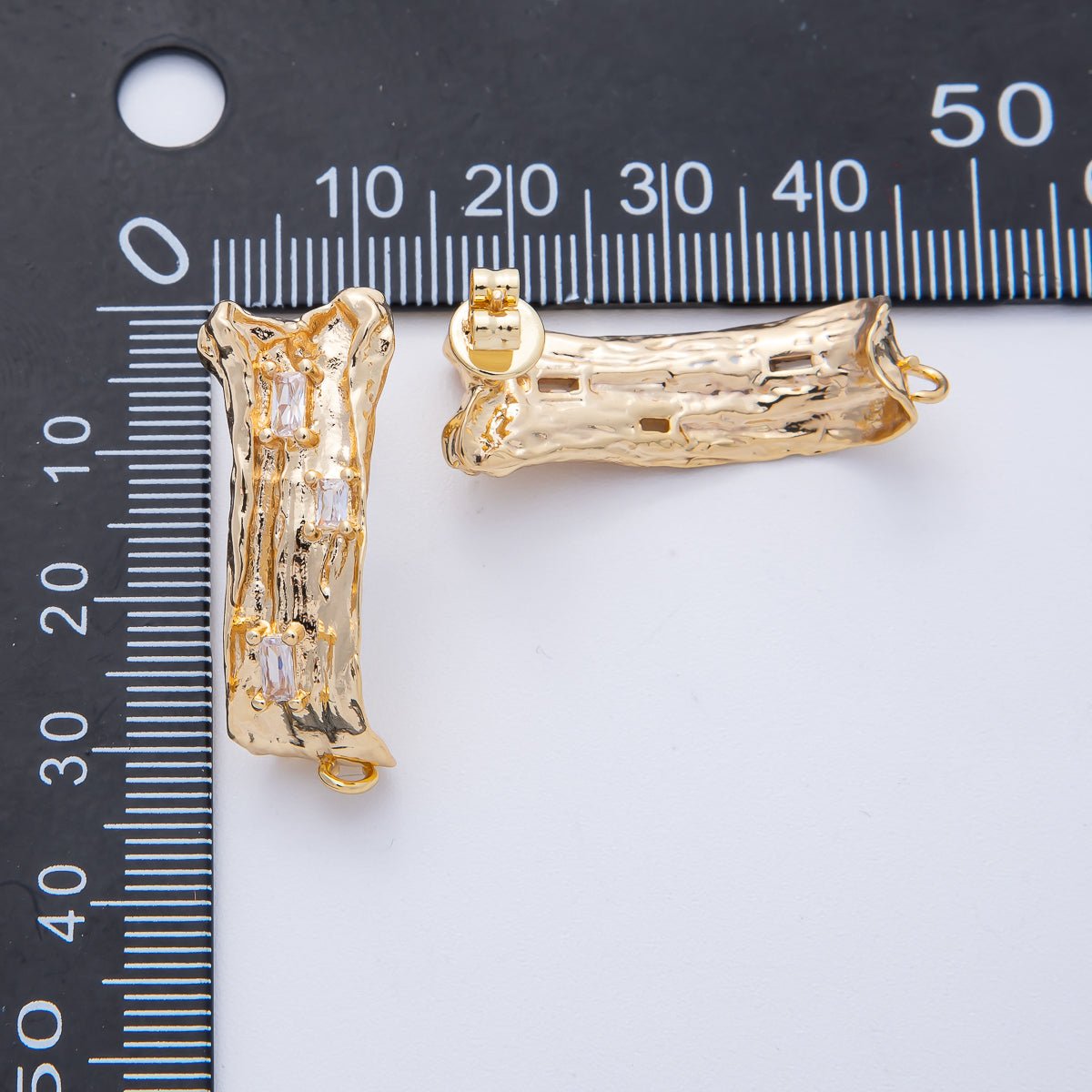 24K Gold Filled 30mm Baguette CZ Hammered Tube Drop Stud Earrings in Gold &amp; Silver | Z1668