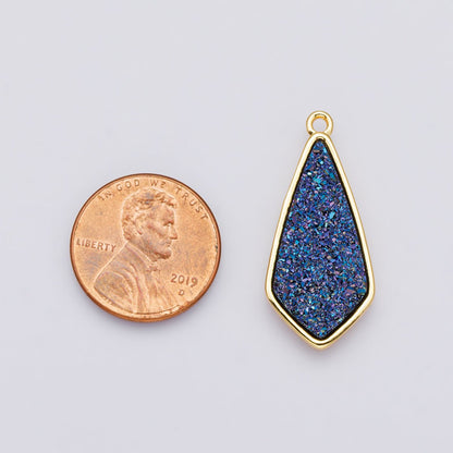 24K Gold Filled 30mm Black, Blue, Purple Glitter Druzy Rhombus Geometric Charm | E00438