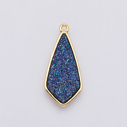 24K Gold Filled 30mm Black, Blue, Purple Glitter Druzy Rhombus Geometric Charm | E00438