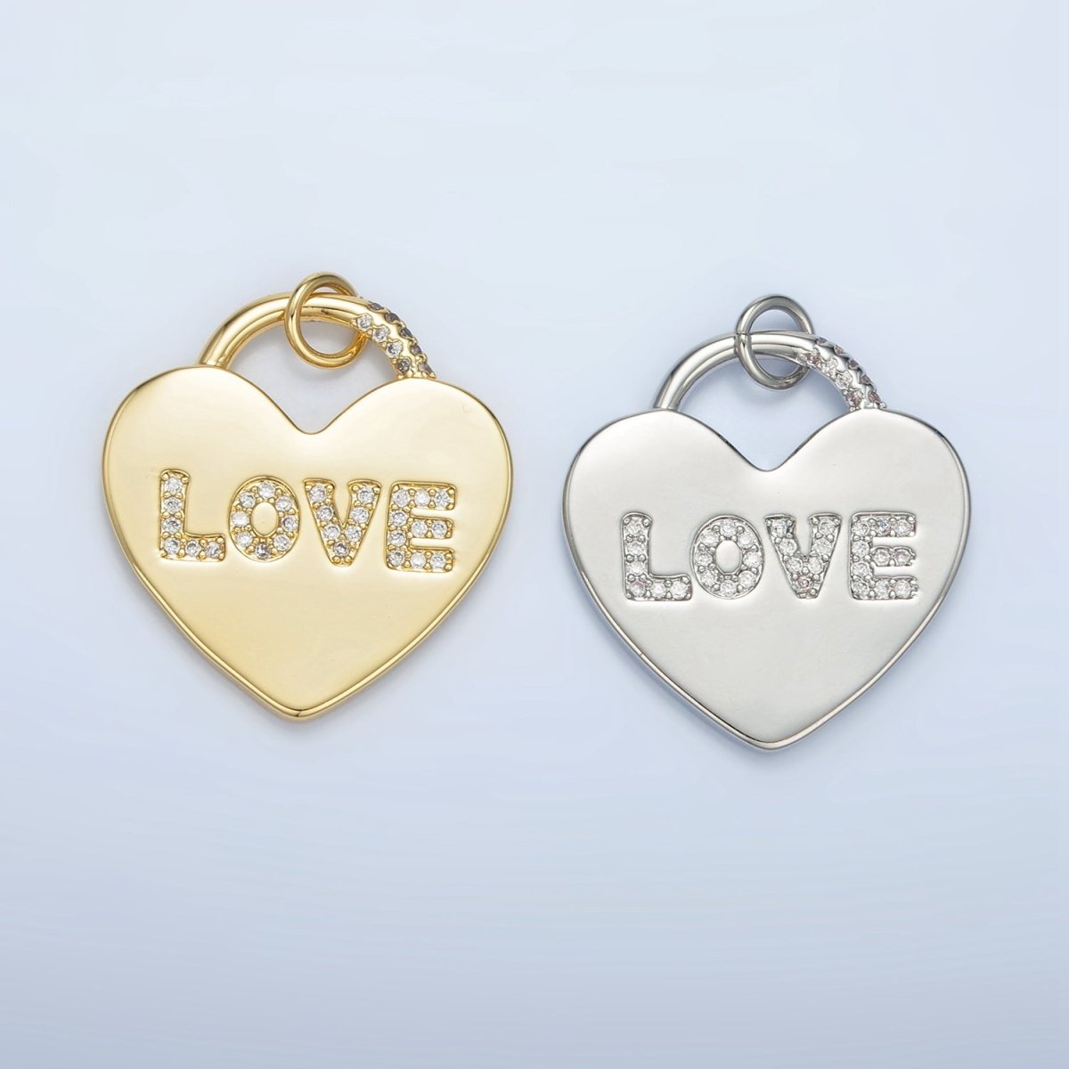 24K Gold Filled 30mm "LOVE" Micro Paved CZ Heart Padlock Charm in Gold &amp; Silver | N743