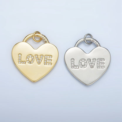 24K Gold Filled 30mm "LOVE" Micro Paved CZ Heart Padlock Charm in Gold &amp; Silver | N743