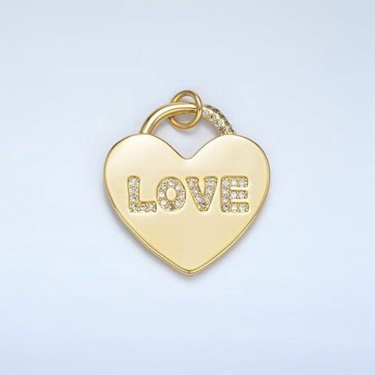 24K Gold Filled 30mm "LOVE" Micro Paved CZ Heart Padlock Charm in Gold &amp; Silver | N743
