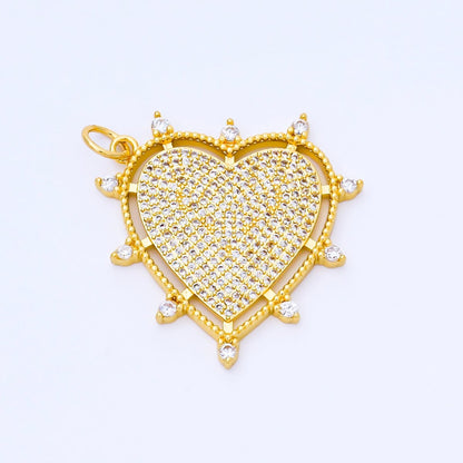24K Gold Filled 30mm Micro Paved CZ Dotted Outline Heart Charm | AF1553