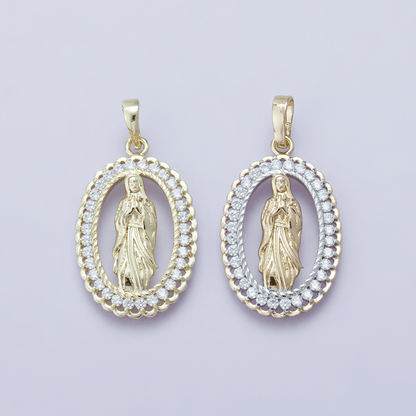 24K Gold Filled 30mm Open Frame Micro Paved CZ Lady of Guadalupe Pendant | H00183