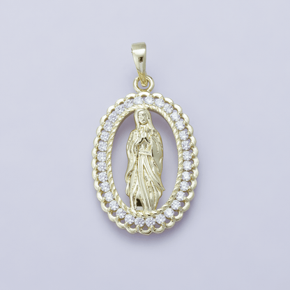 24K Gold Filled 30mm Open Frame Micro Paved CZ Lady of Guadalupe Pendant | H00183