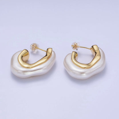 24K Gold Filled 30mm Shell Pearl Geometric J-Shaped Hoop Earrings | Q193