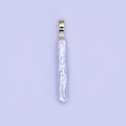 24K Gold Filled 32mm Freshwater Pearl Long Toothpick-Shaped Pendant | P-1713
