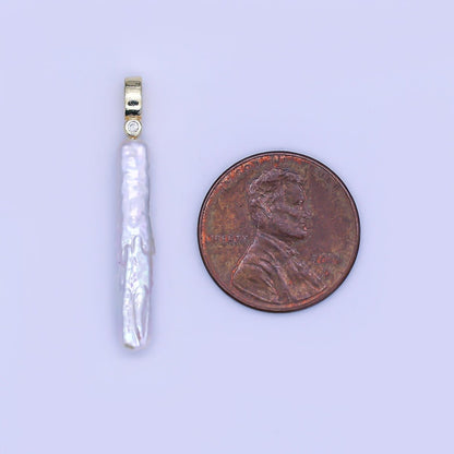 24K Gold Filled 32mm Freshwater Pearl Long Toothpick-Shaped Pendant | P-1713