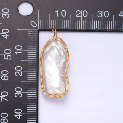 24K Gold Filled 32mm White Baroque Freshwater Pearl Multiple Wire Wrapped Charm | N1042