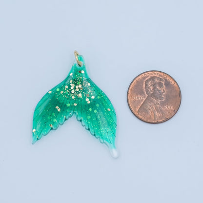 24K Gold Filled 34.5mm Green Gold-Fleck Mermaid Whale Fish Tail Acrylic Charm | N067