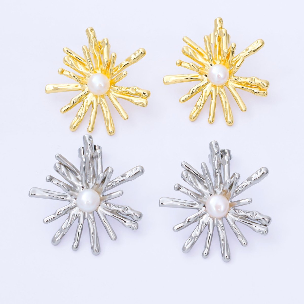 24K Gold Filled 34mm Shell Pearl Sunburst Flower Drop Stud Earrings in Gold &amp; Silver | AB1598 AB1599