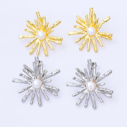 24K Gold Filled 34mm Shell Pearl Sunburst Flower Drop Stud Earrings in Gold &amp; Silver | AB1598 AB1599