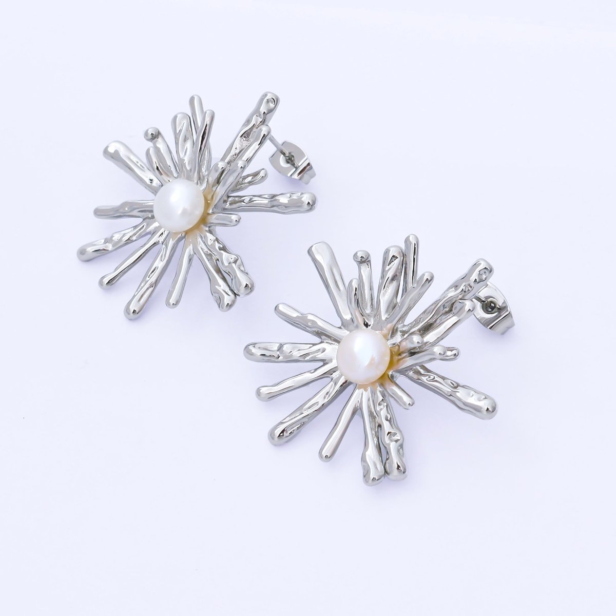24K Gold Filled 34mm Shell Pearl Sunburst Flower Drop Stud Earrings in Gold &amp; Silver | AB1598 AB1599