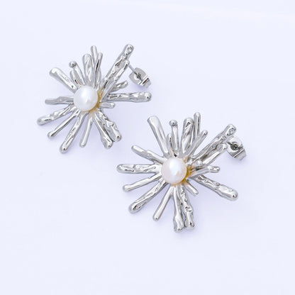 24K Gold Filled 34mm Shell Pearl Sunburst Flower Drop Stud Earrings in Gold &amp; Silver | AB1598 AB1599