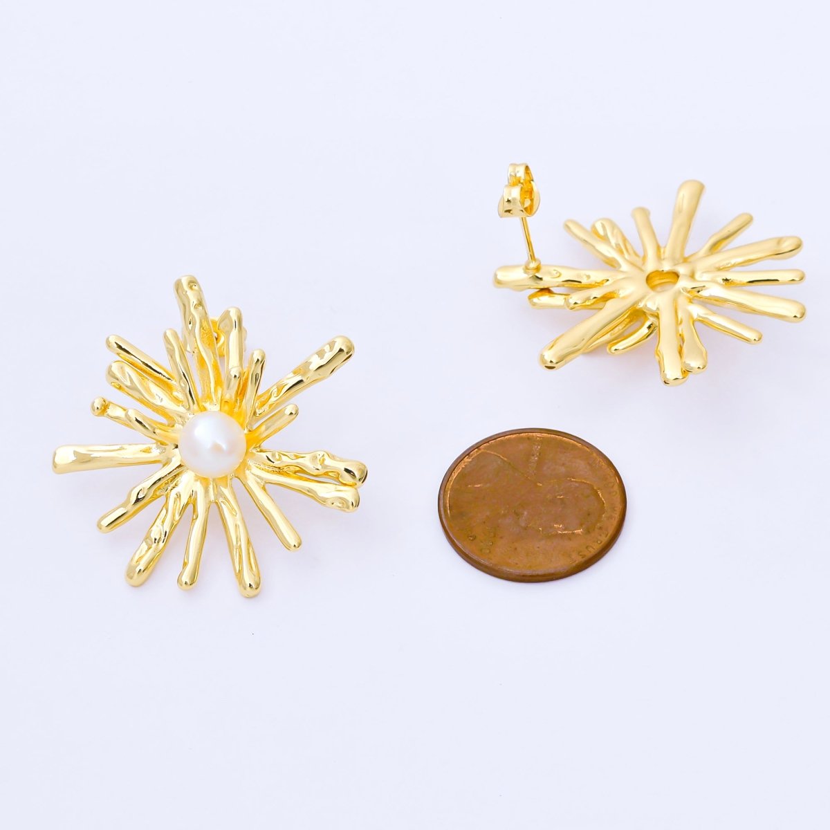 24K Gold Filled 34mm Shell Pearl Sunburst Flower Drop Stud Earrings in Gold &amp; Silver | AB1598 AB1599