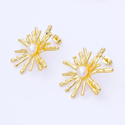 24K Gold Filled 34mm Shell Pearl Sunburst Flower Drop Stud Earrings in Gold &amp; Silver | AB1598 AB1599