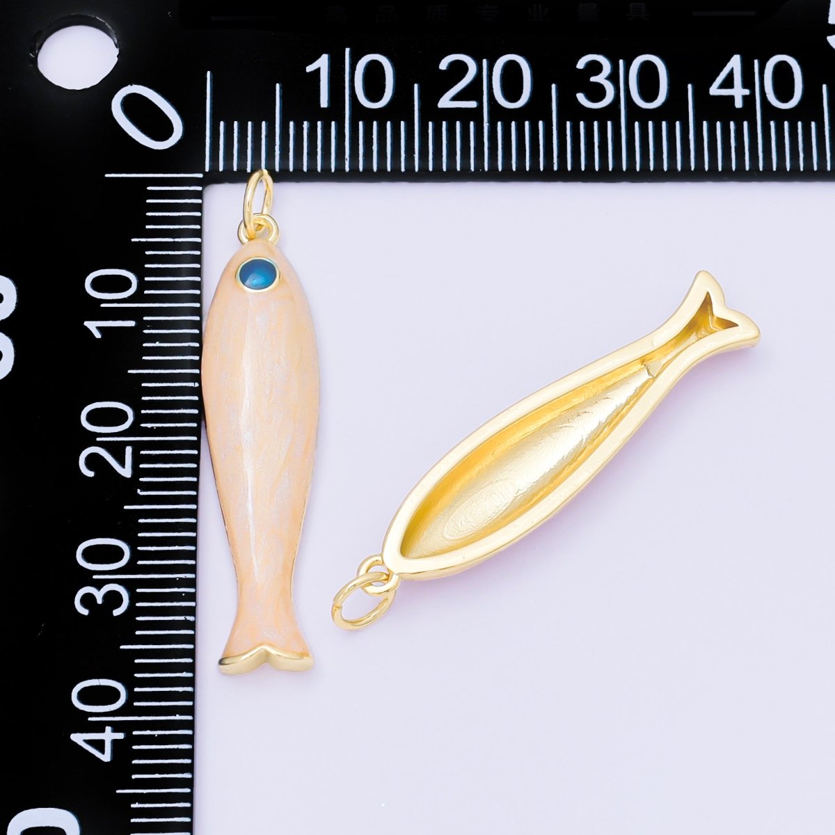 24K Gold Filled 34mm Peach Enamel Sardine Sea Fish Charm | M568