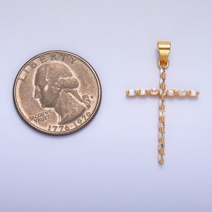 24K Gold Filled 35mm Clear CZ Baguette Religious Cross Pendant | I244