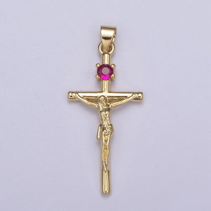 24K Gold Filled 35mm Fuchsia CZ Minimalist Crucifix Cross Pendant | H602
