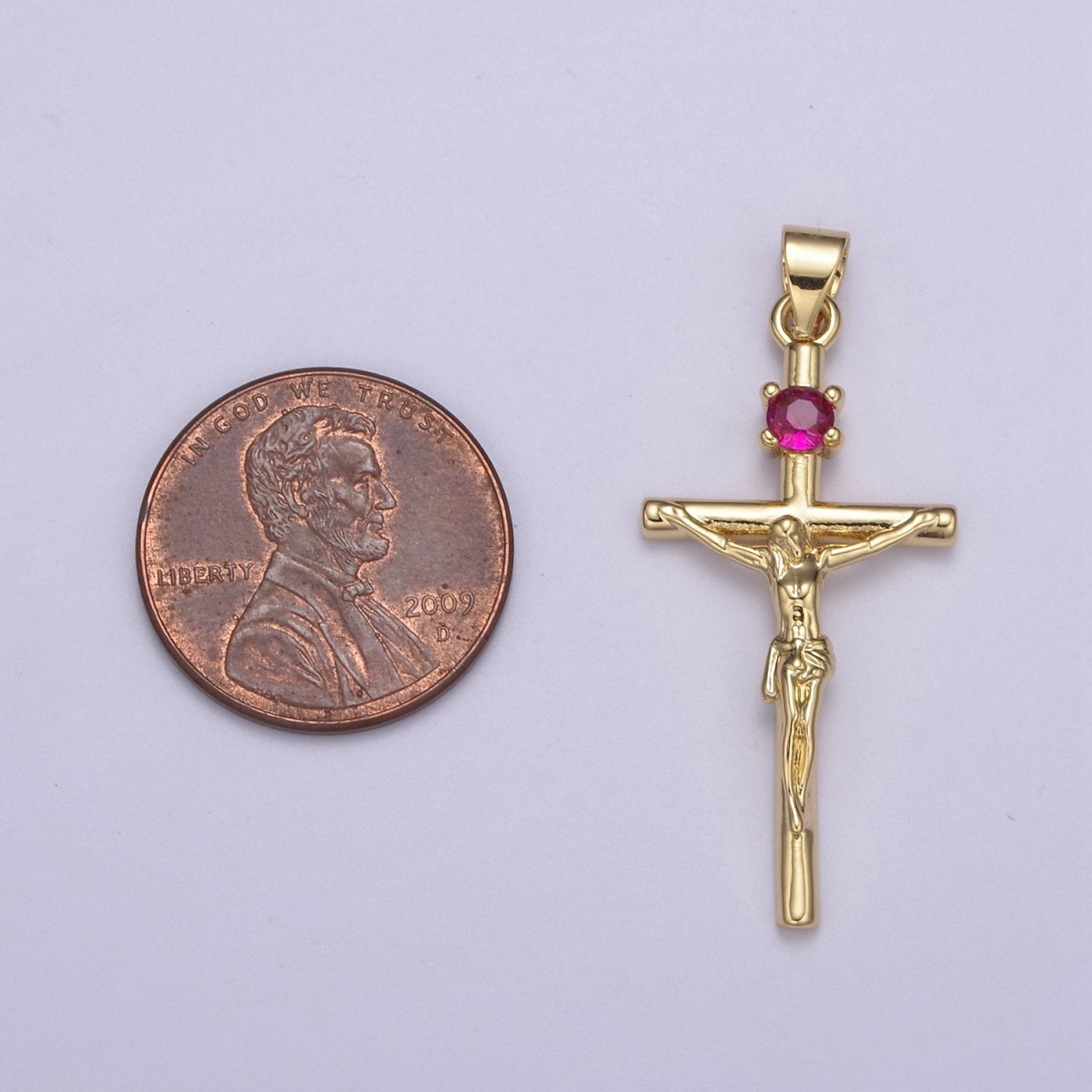 24K Gold Filled 35mm Fuchsia CZ Minimalist Crucifix Cross Pendant | H602