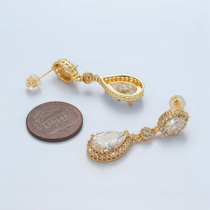 24K Gold Filled 35mm Geometric Clear CZ Micro Paved Drop Stud Earrings | AD751