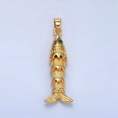 24K Gold Filled 35mm Green CZ Multidimensional Artisan Fish Charm | AA967
