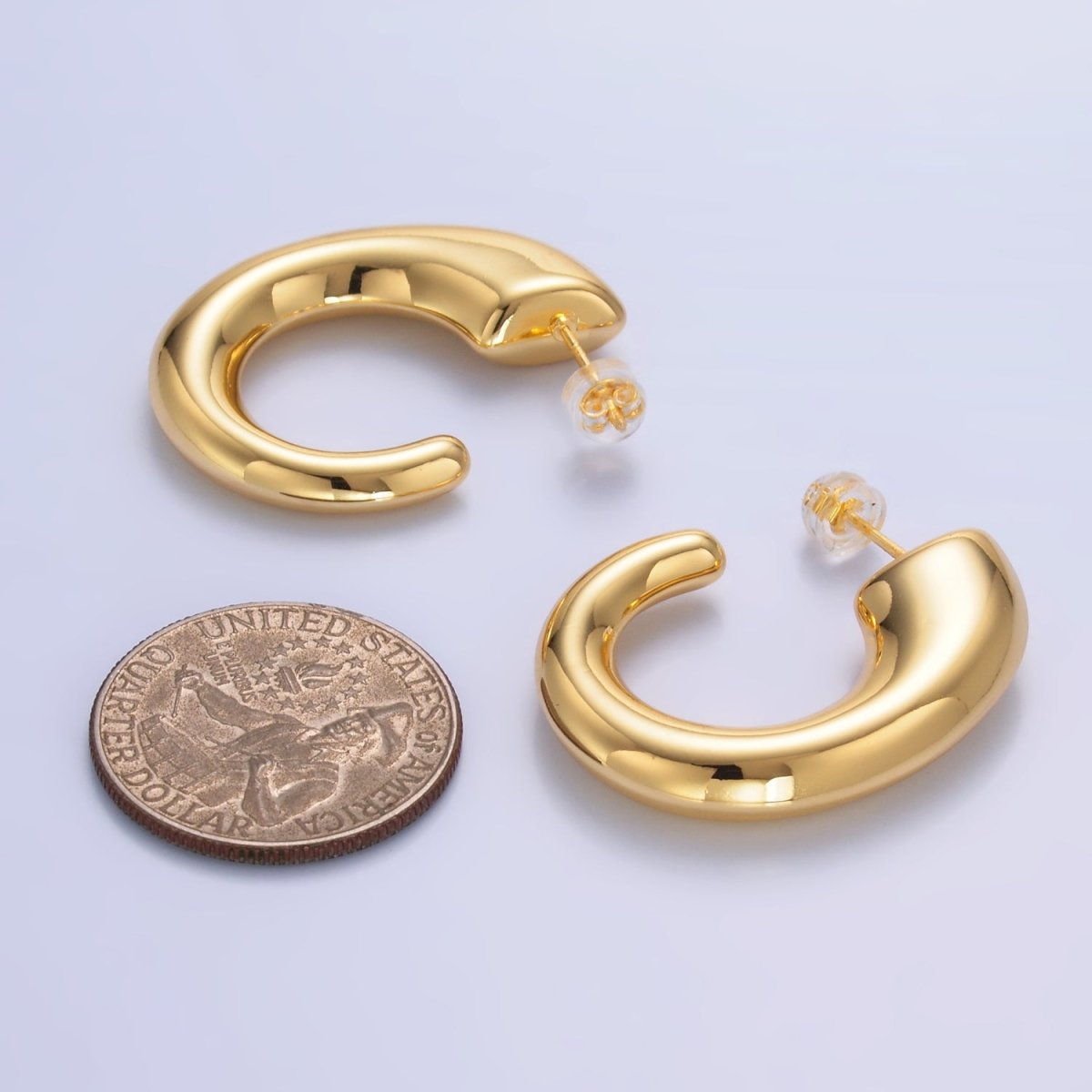 24K Gold Filled 35mm Minimalist J-Shaped Hoop Earrings in Gold &amp; Silver | AB861 AB862