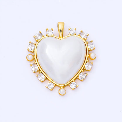 24K Gold Filled 35mm Shell Pearl Clear CZ Outline Heart Pendant in Gold &amp; Silver | AA1658 AA1689