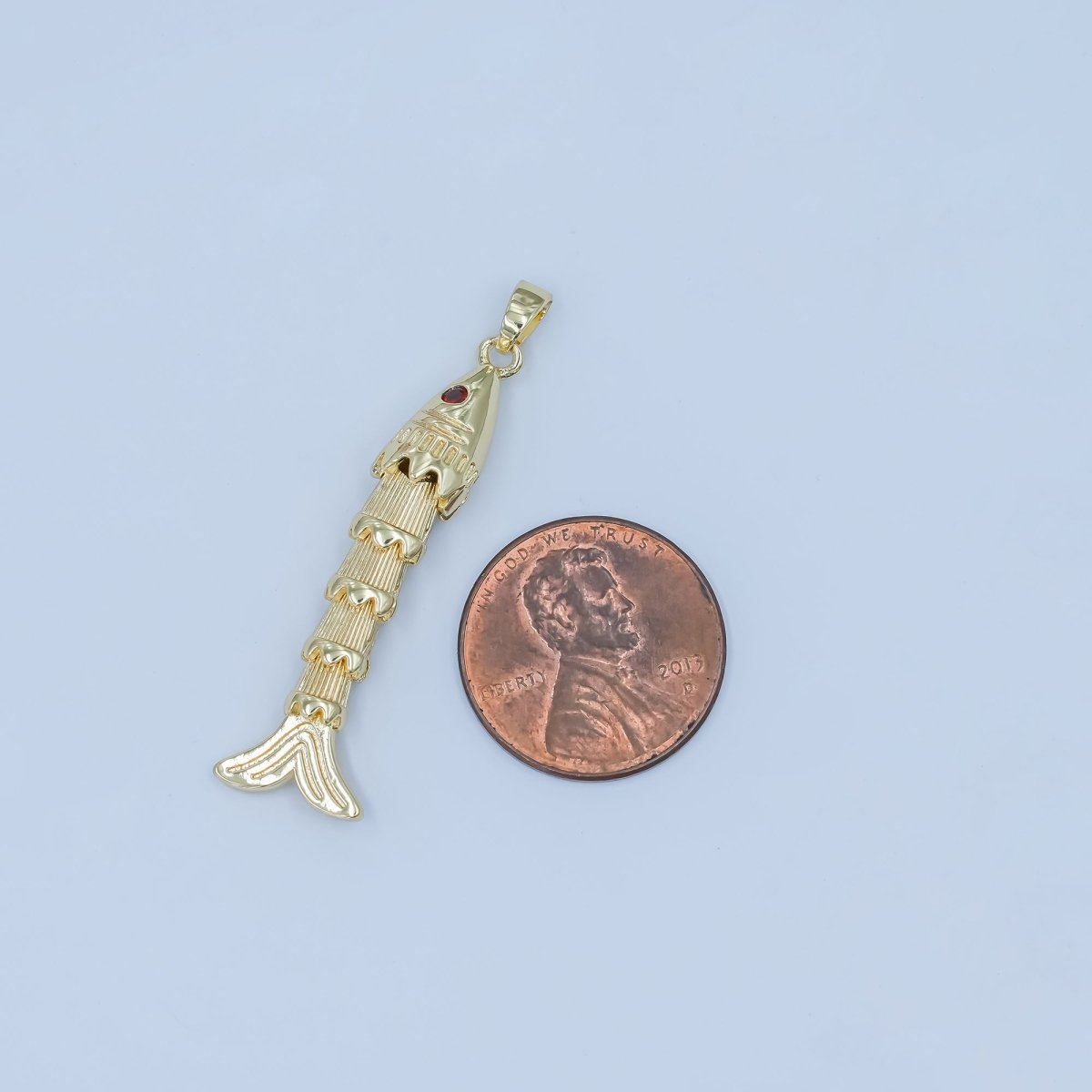 24K Gold Filled 37mm Red CZ Eye Artisan Fish Multidimensional 3D Charm | AA1496