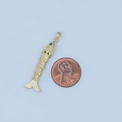 24K Gold Filled 37mm Red CZ Eye Artisan Fish Multidimensional 3D Charm | AA1496