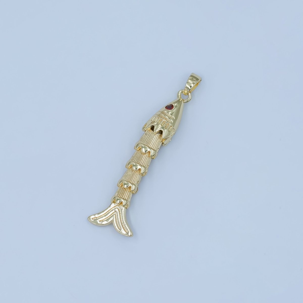 24K Gold Filled 37mm Red CZ Eye Artisan Fish Multidimensional 3D Charm | AA1496