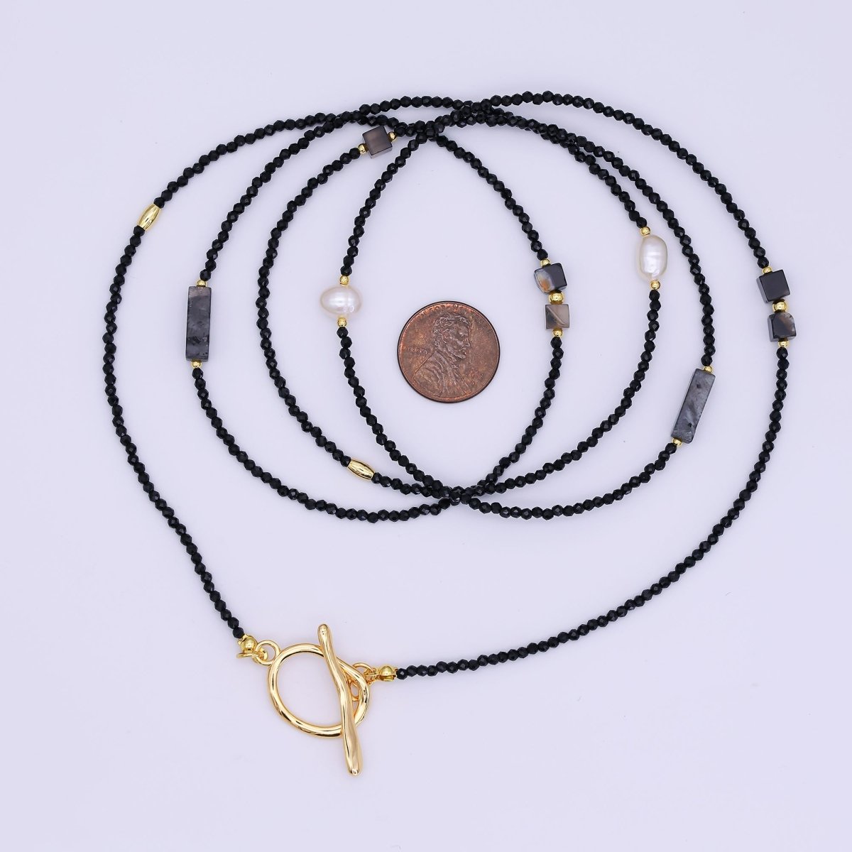 24K Gold Filled 3mm Grey Agate Onyx Shell Pearl Gemstone 40 Inches Necklace | WA-3085