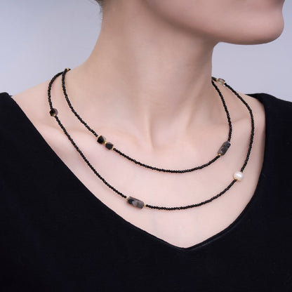 24K Gold Filled 3mm Grey Agate Onyx Shell Pearl Gemstone 40 Inches Necklace | WA-3085